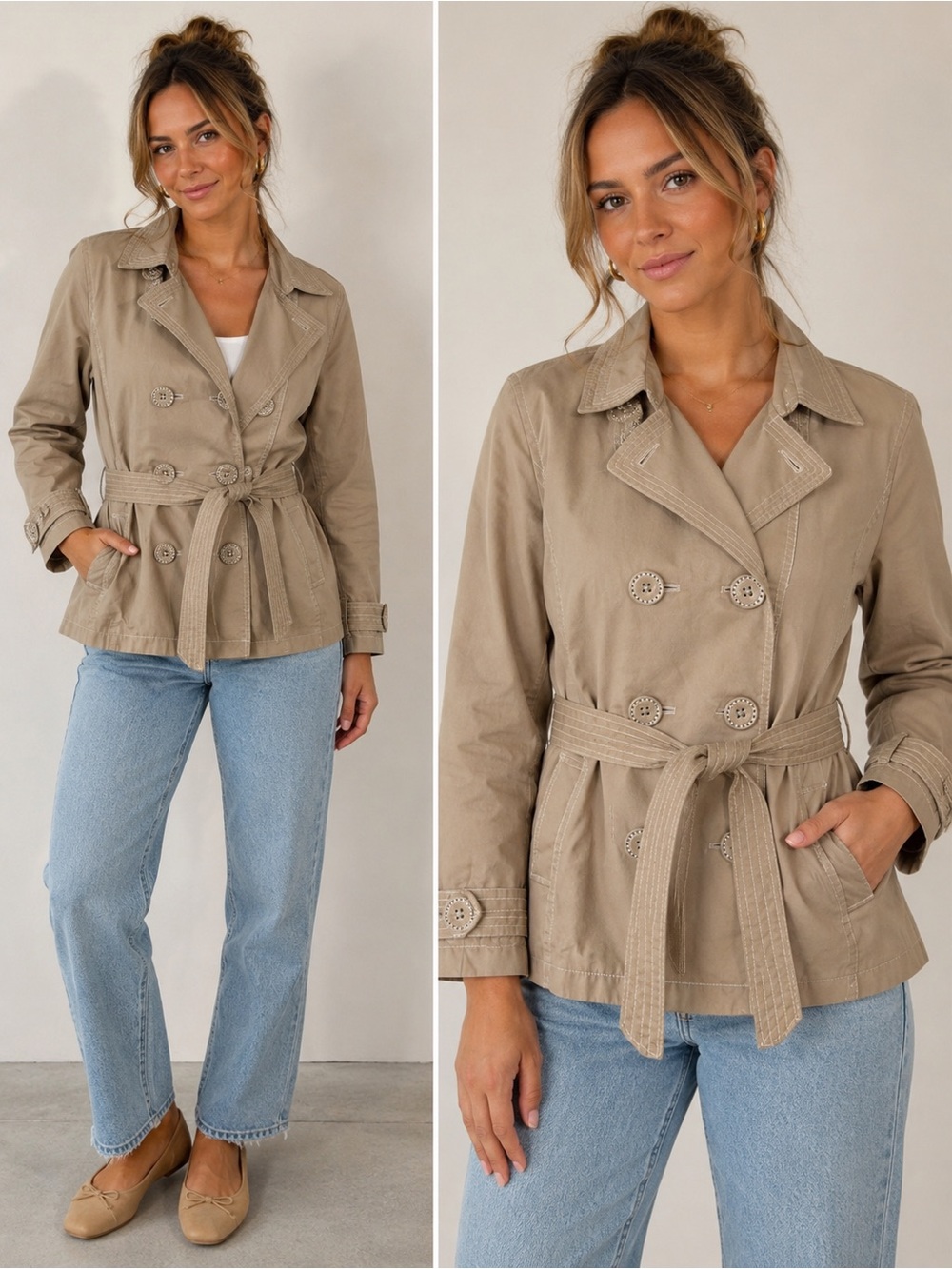 Liz Claiborne Tan Double-Breasted Belted Trench Jacket